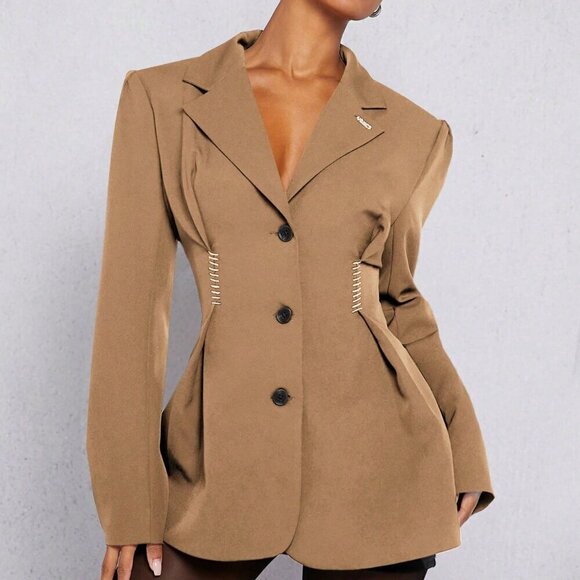 Camel Elegant Women's Pleated Flare Hem Button Up Blazer - Picture 2 of 5